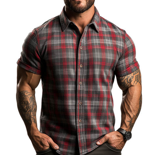 【24-hour shipping out】Men's Retro Casual Plaid Print Lapel Short Sleeve Shirt MTA1782C7TO