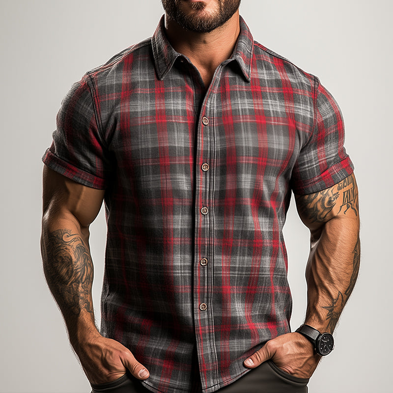 【24-hour shipping out】Men's Retro Casual Plaid Print Lapel Short Sleeve Shirt MTA1782C7TO