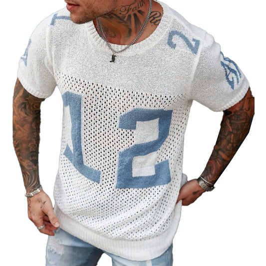 【24-hour shipping out】Men's Sport Lettering Jacquard Crew Neck Short Sleeve Sweater T-Shirt  MTA1856C1X