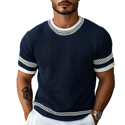 【24-hour shipping out】Men's Contrast Web Round Neck Knitted Short Sleeve T-Shirt MTA1895C3X