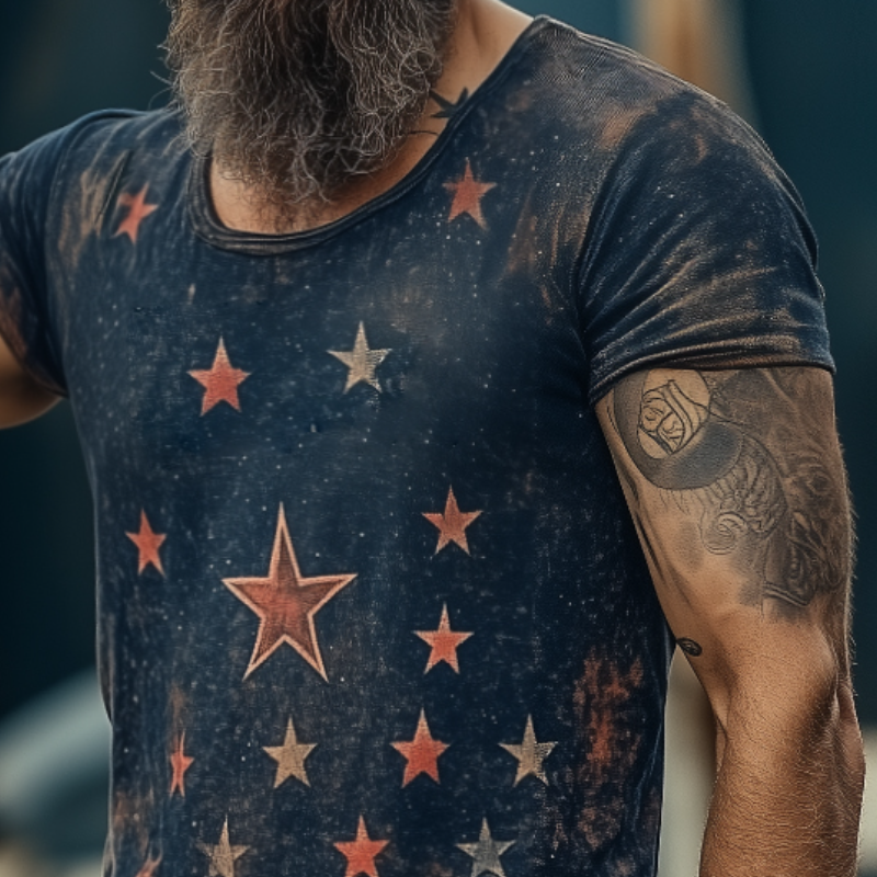 【24-hour shipping out】Men's Retro Casual Star Universe Printed Round Neck Short Sleeve T-Shirt MTA2112C7TO
