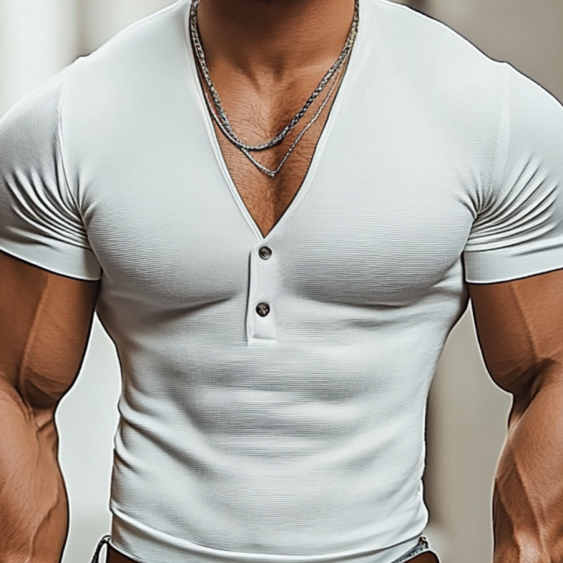 Men's Casual V-neck Button Cotton Blend Slim Fit Short Sleeve T-Shirt MTA0269D5M