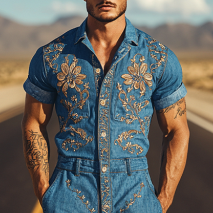 【24-hour shipping out】Men's Summer Fashion Casual Classic Western Style Tencel Denim Embroidered Jumpsuit MTA1244D2K