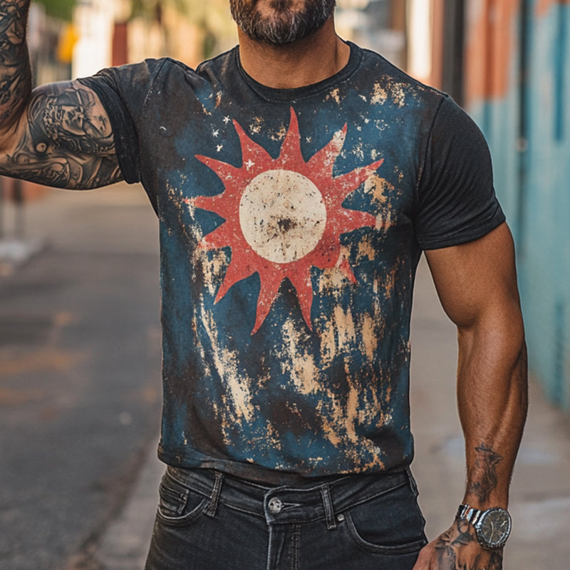 Men's Retro Casual Sun Printed Round Neck Short Sleeve T-Shirt MTA1513D0TO