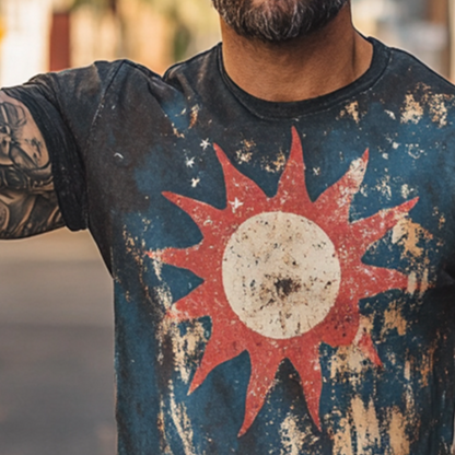 Men's Retro Casual Sun Printed Round Neck Short Sleeve T-Shirt MTA1513D0TO