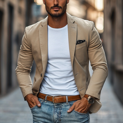 Men's Casual Breathable Cotton Notched Lapel Single Breasted Slim Fit Blazer MTA2309D8M