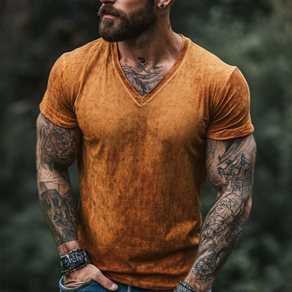 【24-hour shipping out】Men's Retro Casual Shabby Printed V-Neck Short Sleeve T-Shirt MTA2555D1TO