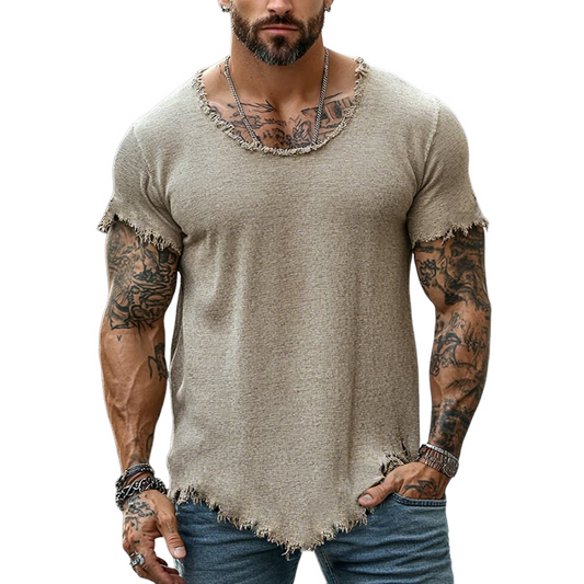 【24-hour shipping out】Men's Retro Casual Raw Edge Ripped Round Neck Short Sleeve T-Shirt MTA2587D5TO