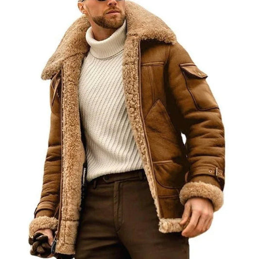 Men's Vintage Winter Lambswool Warm Lapel Multi-pocket Thick Coat 41317609M