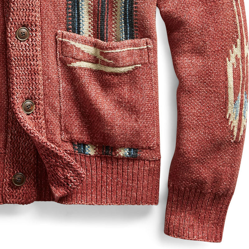 Men's Vintage Jacquard Lapel Single Breasted Long Sleeve Knit Cardigan 51482095M