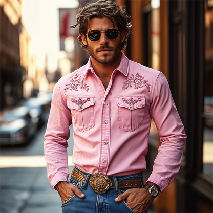 【24-hour shipping out】Men's American Retro Western Style Cotton Blend Embroidered Long Sleeve Shirt 96546825K