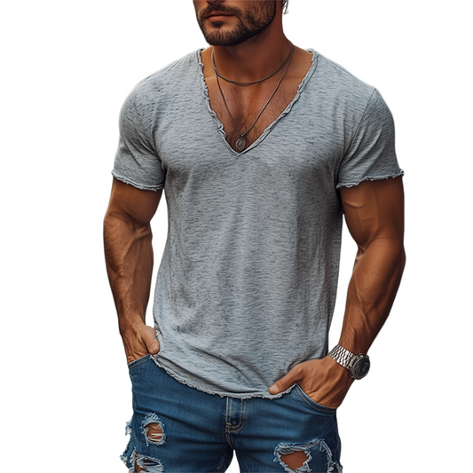 Men's Summer Casual Heathered Cotton Blended V-Neck Raw Edge Short Sleeve T-Shirt MTA0229G9K