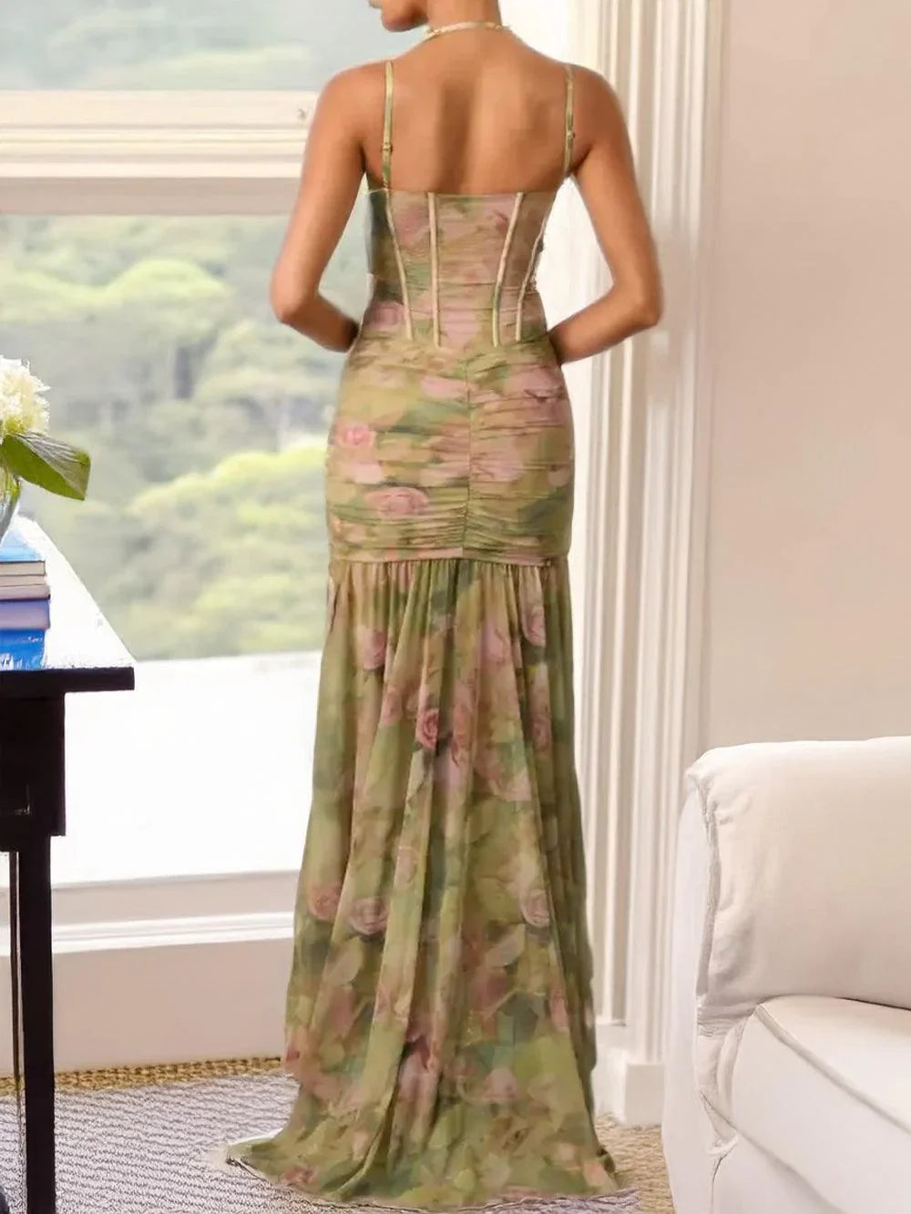 Green Floral Dress Ruffled Asymmetric Bodycon Gown
