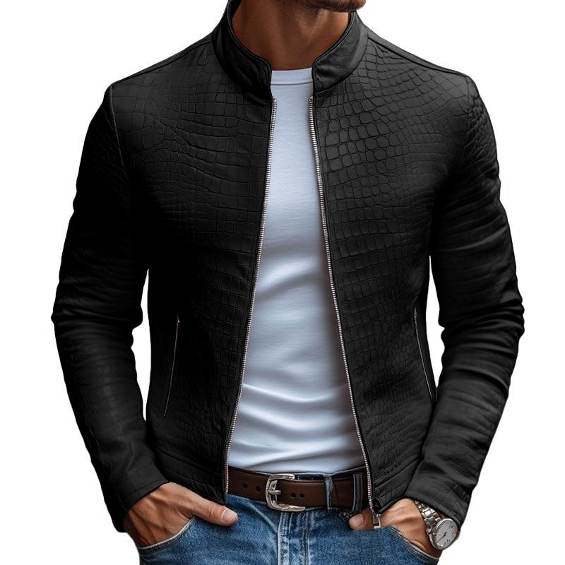 【24-hour shipping out】Men's Fashion Stone Pattern Stand Collar Zipper Slim Fit Leather Jacket 45773252M