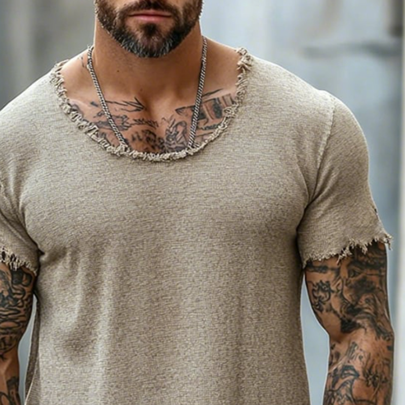 【24-hour shipping out】Men's Retro Casual Raw Edge Ripped Round Neck Short Sleeve T-Shirt MTA2587D5TO