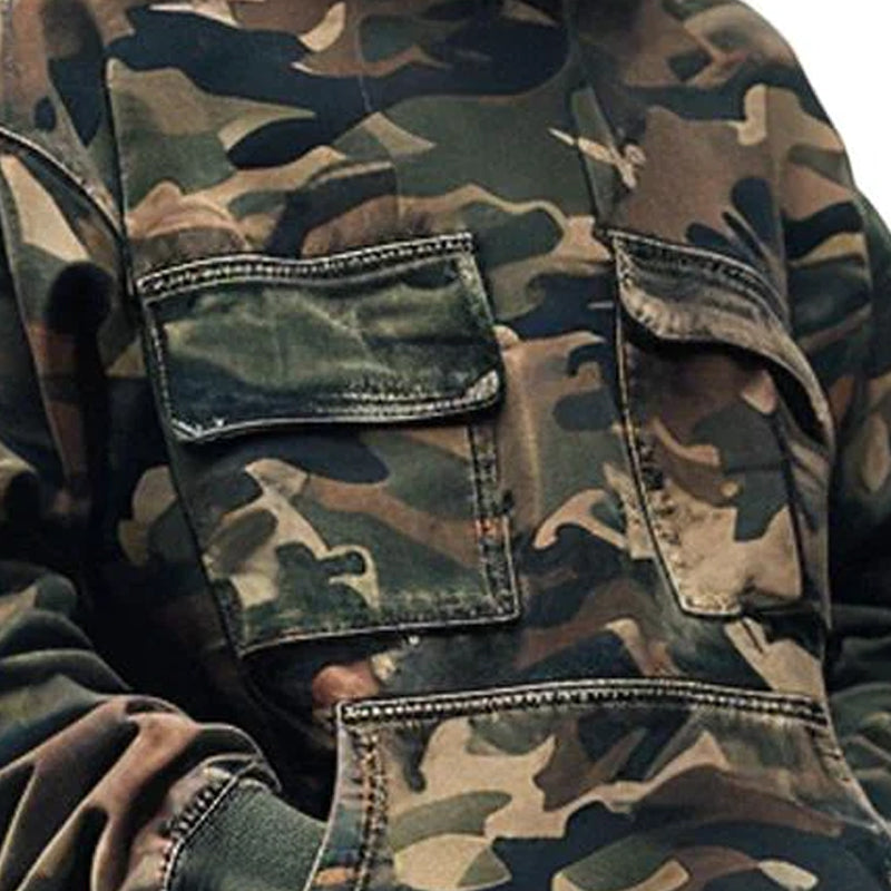 Men's Vintage Camouflage Printed Cotton Blend Flap Pocket Long-Sleeved Hoodie 44391826M