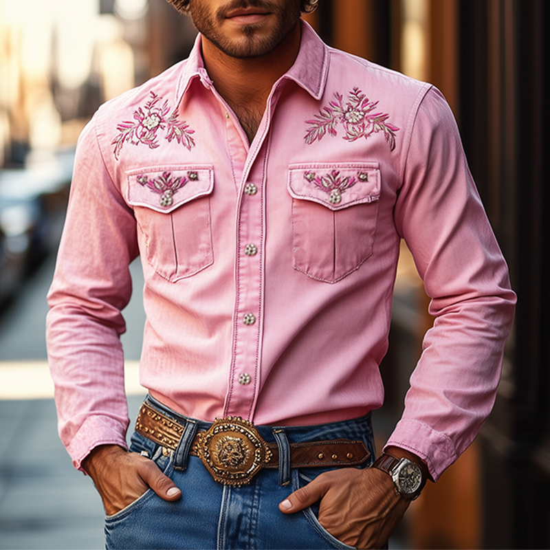 【24-hour shipping out】Men's American Retro Western Style Cotton Blend Embroidered Long Sleeve Shirt 96546825K