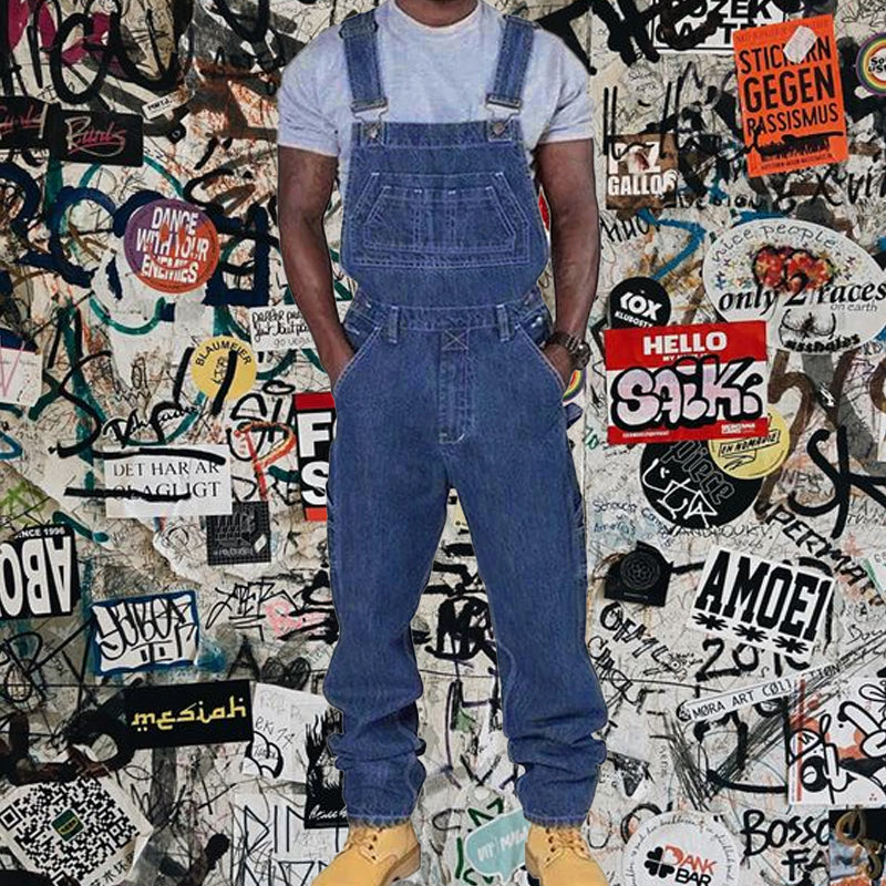 Men's Casual Washed Denim Multi-pocket Loose Overalls 89142810M