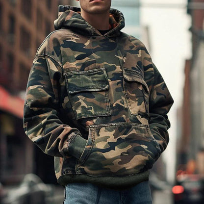 Men's Vintage Camouflage Printed Cotton Blend Flap Pocket Long-Sleeved Hoodie 44391826M