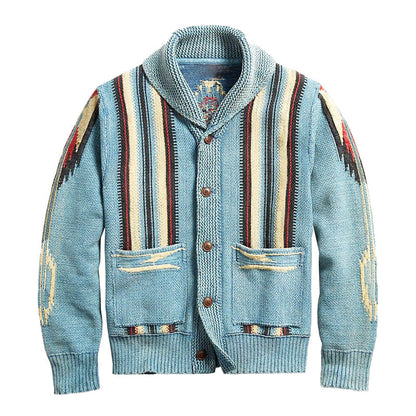 Men's Vintage Jacquard Lapel Single Breasted Long Sleeve Knit Cardigan 51482095M