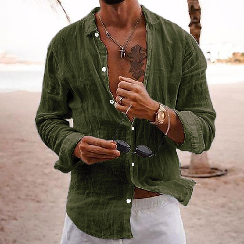 【24-hour shipping out】Men's Casual Solid Color Lapel Cotton Linen Long-Sleeved Shirt 76098441M