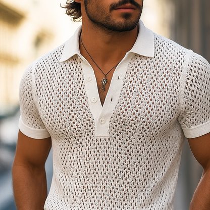 Men's Solid Hollow Out Plaid Knit Lapel Short Sleeve Polo Shirt MTA1865F2Z