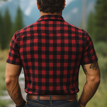 Men's Summer Retro Red And Black Plaid Button Short Sleeve Shirt MTA2678E3U