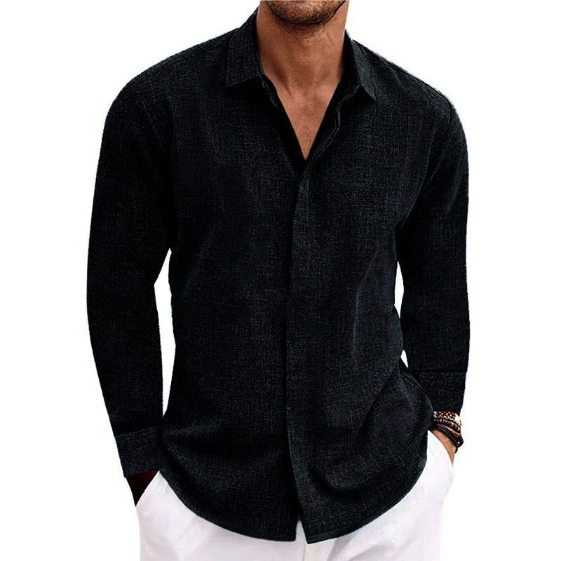 Men's Casual Solid Color Cotton Linen Lapel Slim Fit Long Sleeve Shirt