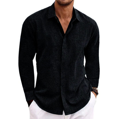Men's Casual Solid Color Cotton Linen Lapel Slim Fit Long Sleeve Shirt