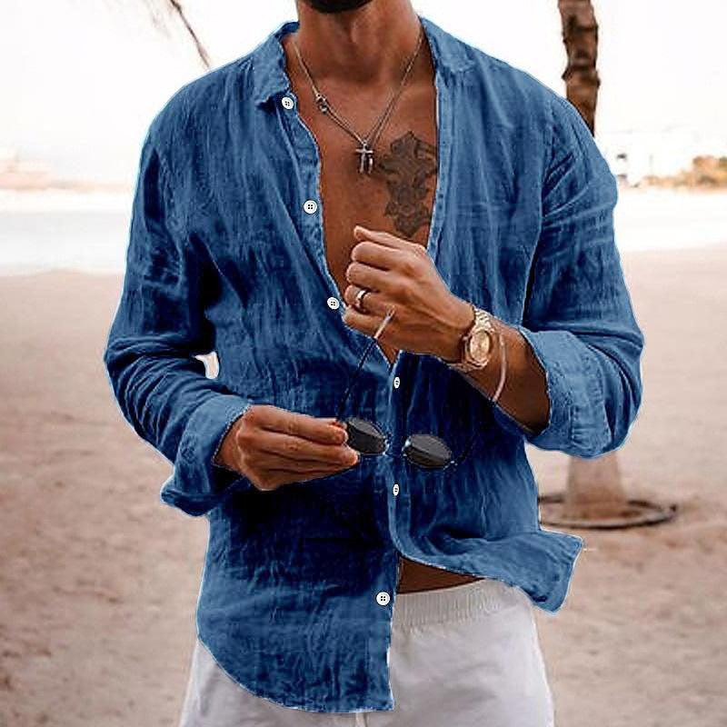 【24-hour shipping out】Men's Casual Solid Color Lapel Cotton Linen Long-Sleeved Shirt 76098441M