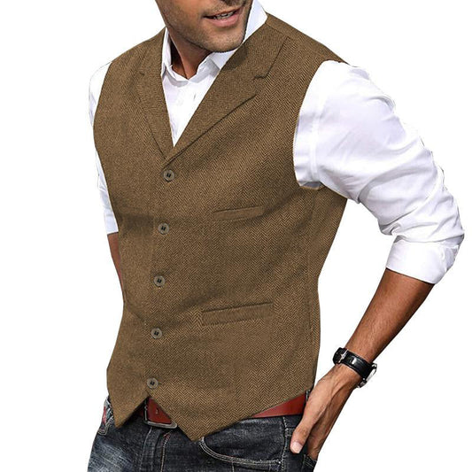 Men's Vintage Herringbone Lapel Single Breasted Slim Fit Suit Vest 34062296M