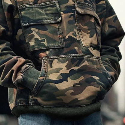 Men's Vintage Camouflage Printed Cotton Blend Flap Pocket Long-Sleeved Hoodie 44391826M