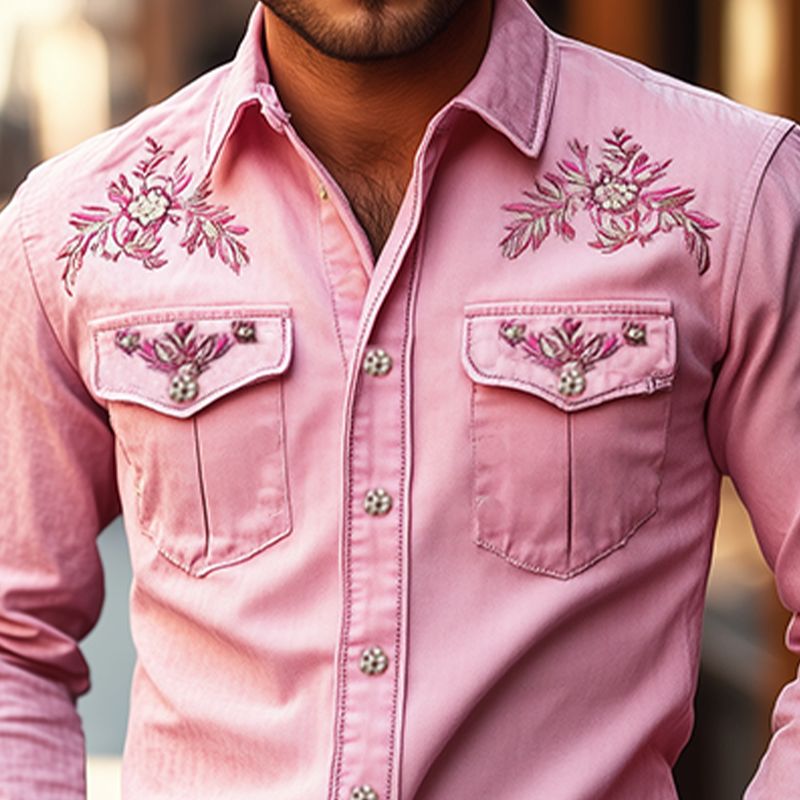【24-hour shipping out】Men's American Retro Western Style Cotton Blend Embroidered Long Sleeve Shirt 96546825K