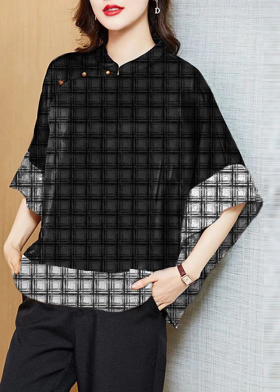Vintage Black Mandarin Collar Asymmetrical Patchwork Jacquard Silk Shirts Batwing Sleeve