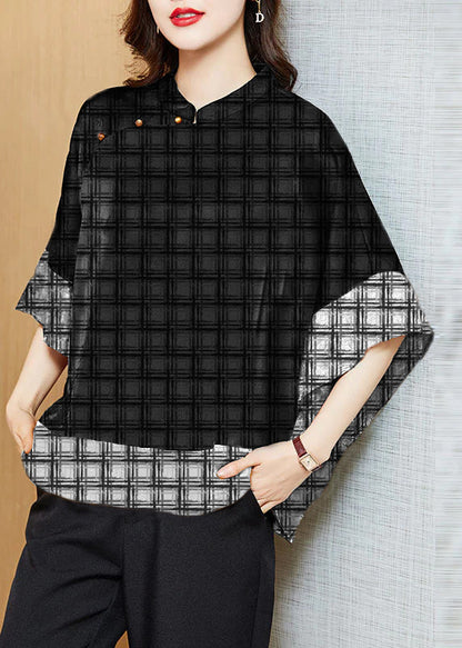 Vintage Black Mandarin Collar Asymmetrical Patchwork Jacquard Silk Shirts Batwing Sleeve