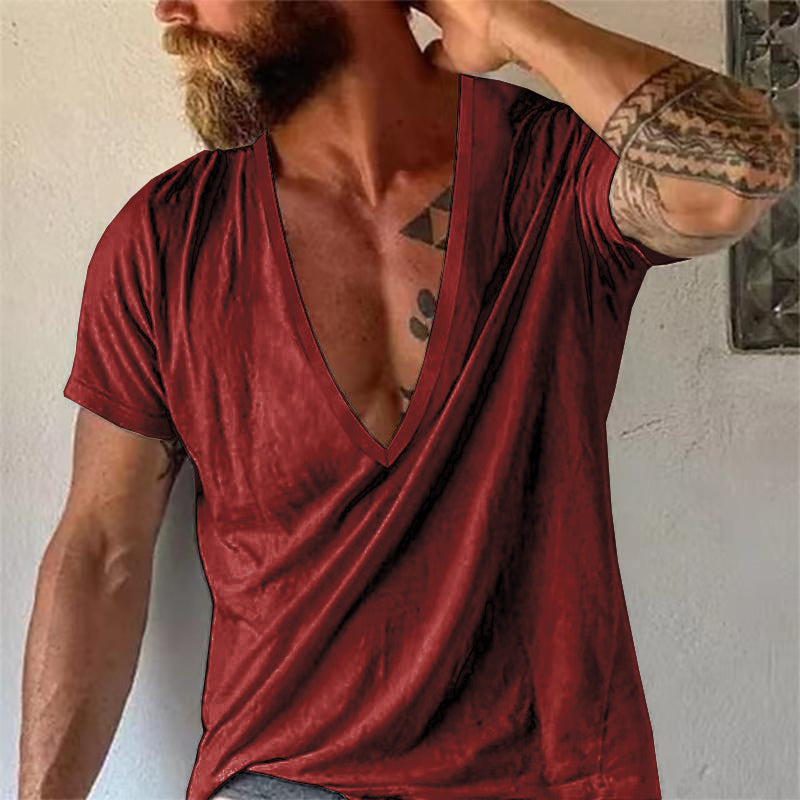 【24-hour shipping out】Men's Casual Solid Color Breathable Cotton V-Neck Short-Sleeved T-Shirt 19594146M