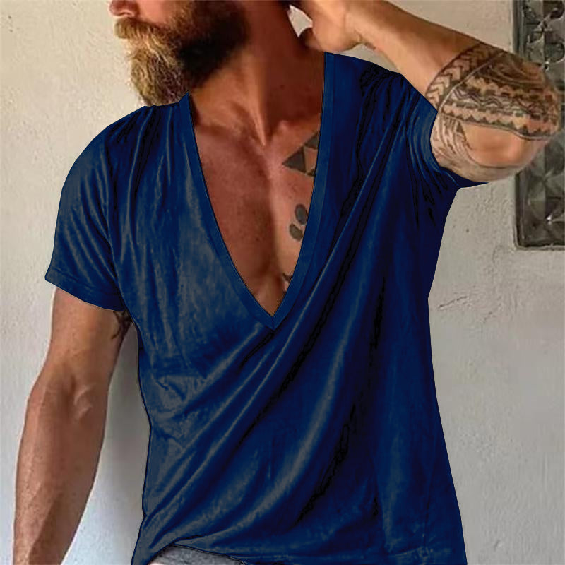 【24-hour shipping out】Men's Casual Solid Color Breathable Cotton V-Neck Short-Sleeved T-Shirt 19594146M