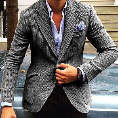Men's Vintage Herringbone Wool Blend Lapel Single Breasted Blazer 84719153M