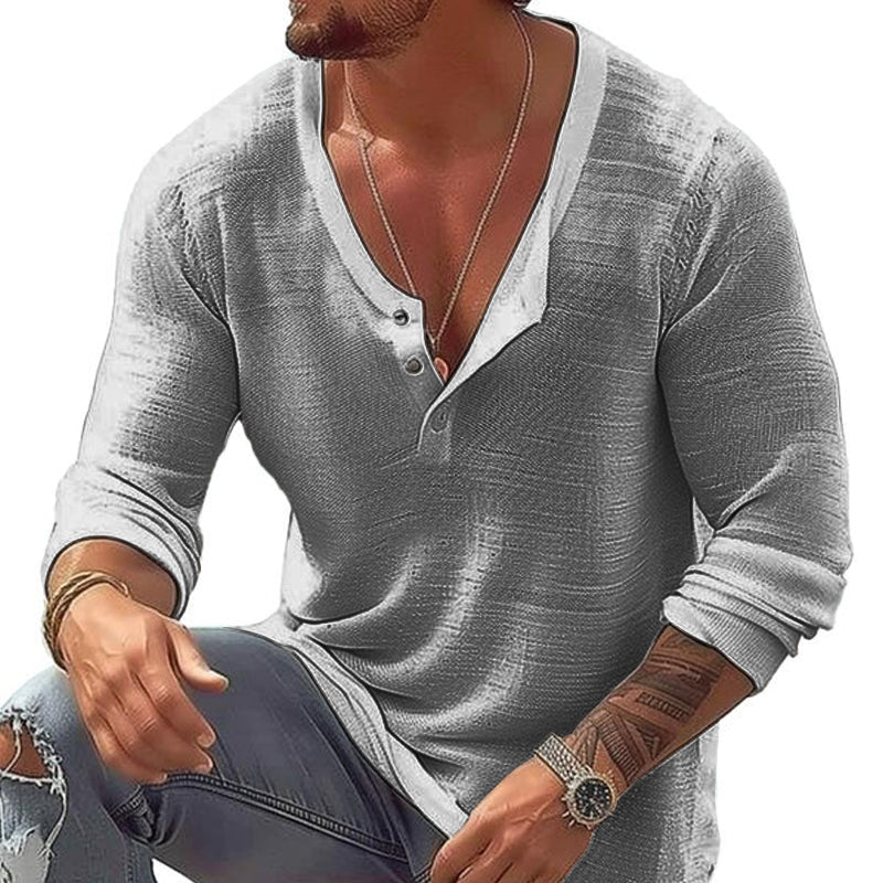 Men's Casual Breathable Cotton Linen U Neck Long-Sleeved T-Shirt 92358906M