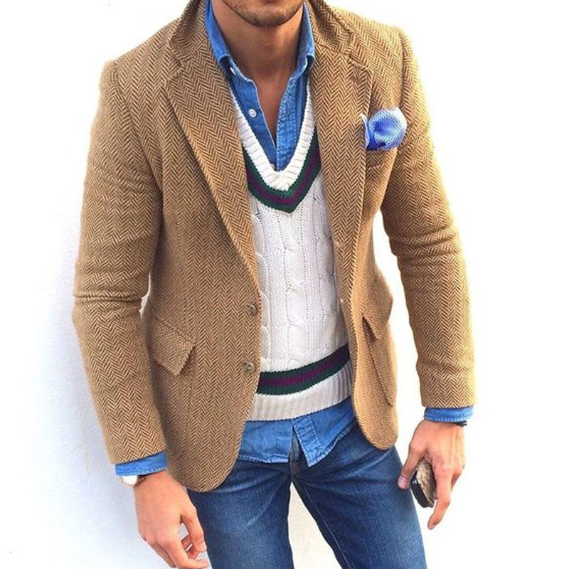 Men's Vintage Herringbone Wool Blend Lapel Single Breasted Blazer 84719153M