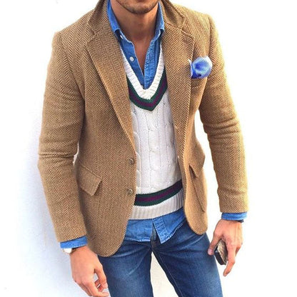 Men's Vintage Herringbone Wool Blend Lapel Single Breasted Blazer 84719153M