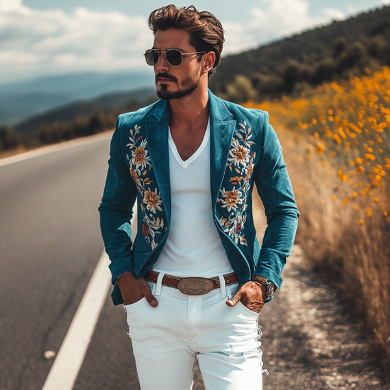 【24-hour shipping out】Men's Classic Retro Casual Slim Fit Western Style Embroidered Sheepskin Suede Blazer 67207851K
