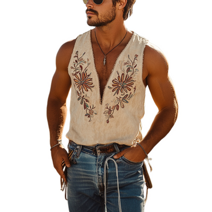 【24-hour shipping out】Men's Spring and Summer Classic Western Cowboy Style Thin Suede Embroidered Deep V-neck Tank Top 00494118K