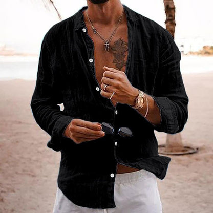 【24-hour shipping out】Men's Casual Solid Color Lapel Cotton Linen Long-Sleeved Shirt 76098441M