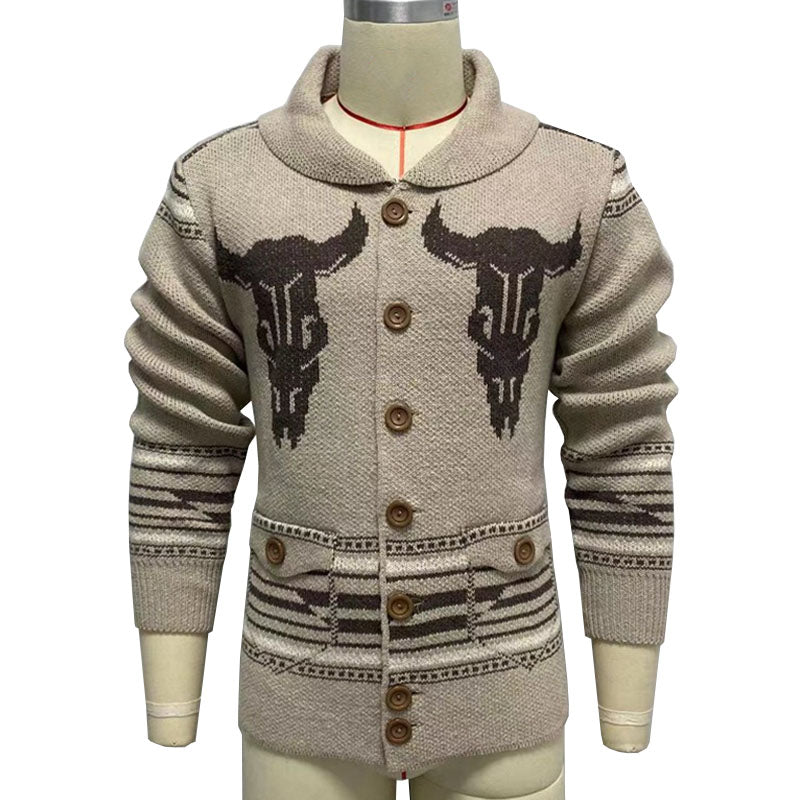 Men's Vintage Jacquard Lapel Single Breasted Knit Cardigan 26382727M
