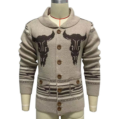 Men's Vintage Jacquard Lapel Single Breasted Knit Cardigan 26382727M