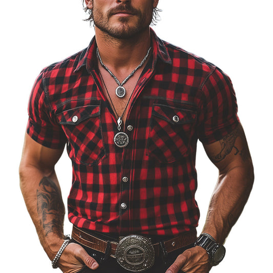 Men's Summer Retro Red And Black Plaid Button Short Sleeve Shirt MTA2678E3U