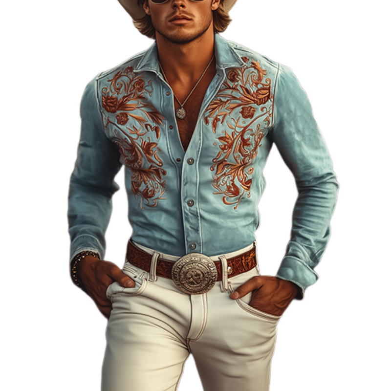 【24-hour shipping out】Men's Classic American Retro Western Suede Embroidered Long Sleeve Shirt 83858595K