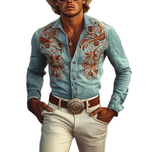 【24-hour shipping out】Men's Classic American Retro Western Suede Embroidered Long Sleeve Shirt 83858595K
