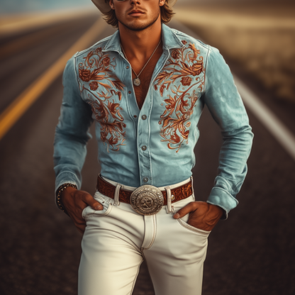 【24-hour shipping out】Men's Classic American Retro Western Suede Embroidered Long Sleeve Shirt 83858595K